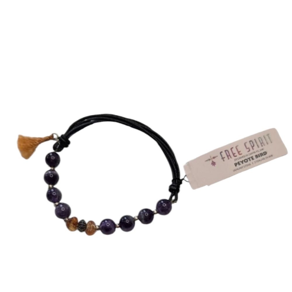 NWT Peyote Bird Santa Fe Amethyst Sterling Silver Amber Beaded Leather Bracelet